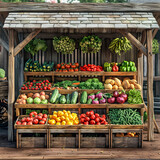 Farmers Market Vegetable Stand.  Generated Image.  A digital rendering of a farmer’s market vegetable stand with a variety of healthy looking vegetables.