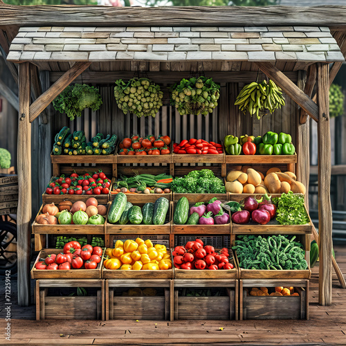 Farmers Market Vegetable Stand. Generated Image. A digital rendering of a farmer’s market vegetable stand with a variety of healthy looking vegetables.