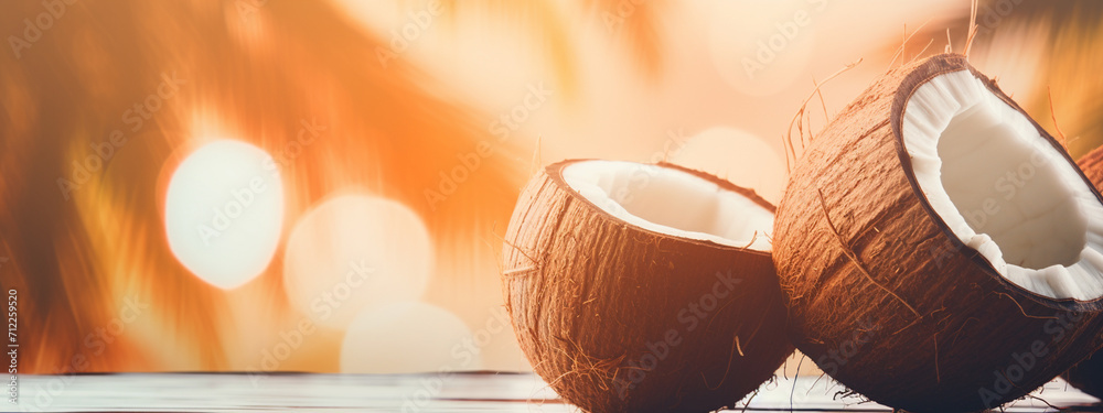 fresh coconut on a wooden table, on a blurred background of a sea of palm trees fresh coconut on a wooden table, on a blurred background of a sea of palm trees