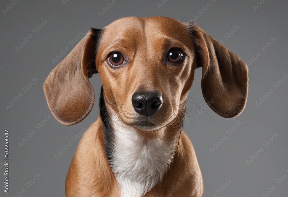 1 year old Dachshund posing in studio with Gray background