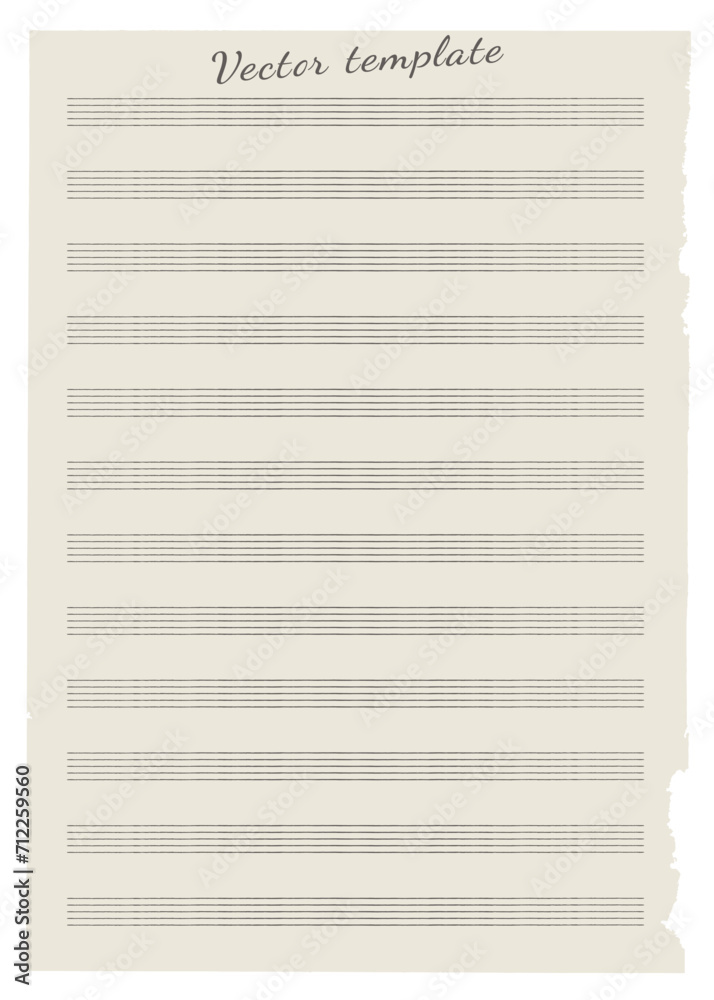 Empty music notebook sheet in a ruler for recording notes. Vector template of five-line staff without key. Music page. Music notation elements for design. Empty music notebook sheet in a ruler for recording notes. Vector template of five-line staff without key. Music page. Music notation elements for design.