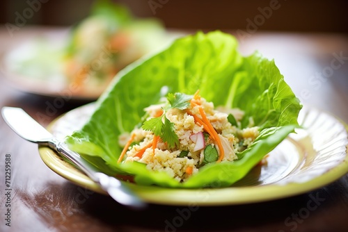 scoop of couscous salad on a green lettuce leaf