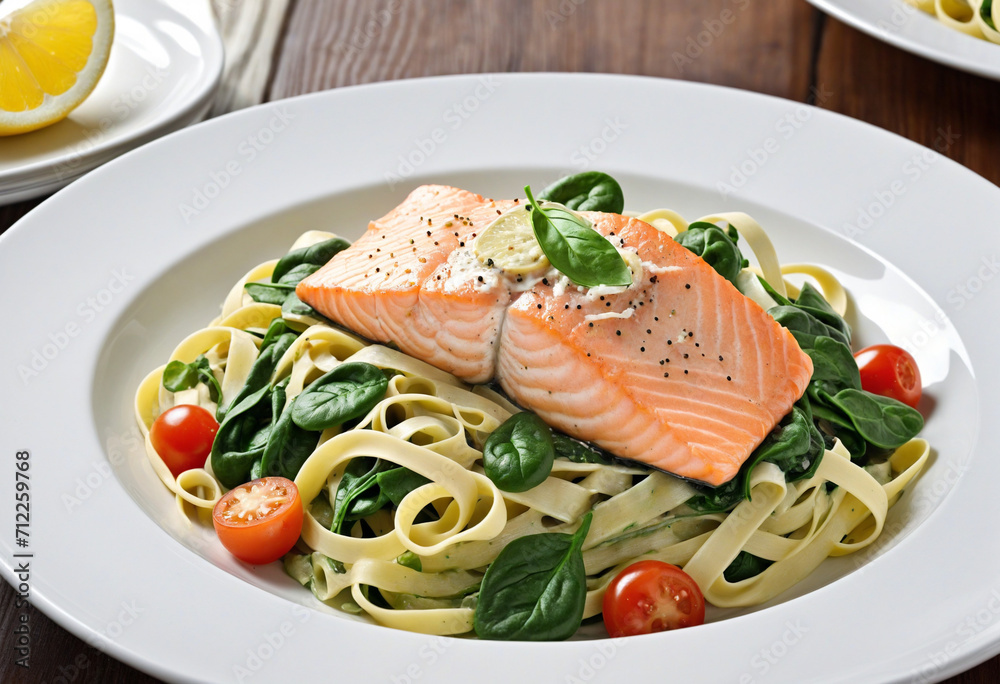 Tasty Salmon and Spinach Fettuccine on a Plate Tasty Salmon and Spinach Fettuccine on a Plate