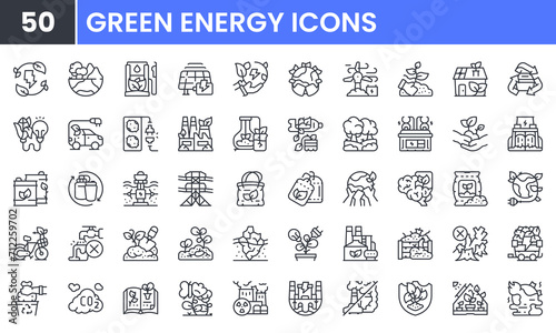 Green Energy vector line icon set. Contains linear outline icons like Renewable Energy, Environment, Save Energy, Eco, Electric Car, Fertilizer, Ecology, Geothermal. Editable use and stroke.