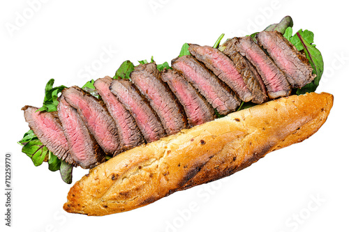 Grilled baguette steak sandwich with arugula and cheese.  Transparent background. Isolated.
