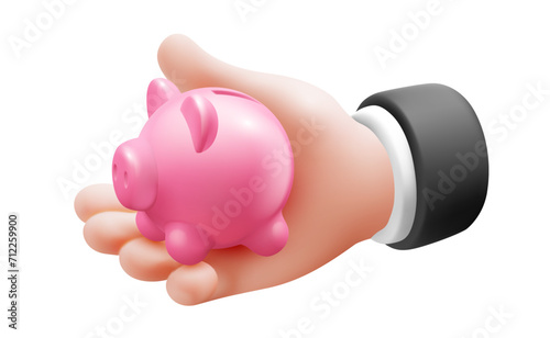 Vector illustration of gesture hand in sleeve hold piggy bank on white color background. 3d style design of man white skin hand and piggy bank