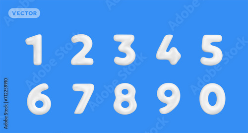 Vector realistic illustration of white color glossy number. 3d style design of shine font collection number in cartoon style on blue background