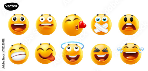3d vector style design of funny set of emoji with smile, halo, heart, tongue and sad tear. Vector cool collection of illustration of happy fun yellow color emoticon with different emotion
