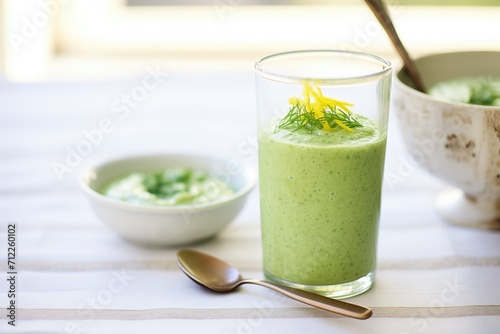 chilled cucumber detox soup in a tall glass, dill garnish