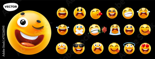 3d vector style design of funny collection of emoji with smile, tongue, sunglasses, heart and tear. Vector large set of illustration of happy fun yellow color emoticon with different emotion on black 