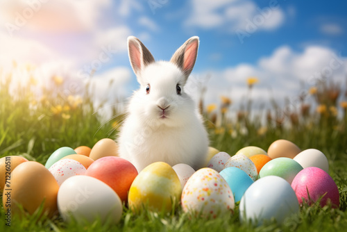 Cute Easter bunny sitting amidst a collection of vibrant Easter eggs on a sunny field with daisies