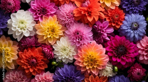 Floral Abundance Photograph a dense cluster of Dahlia flowers in full bloom, filling the frame with their beauty. Emphasize the abundance of flowers, creating a visually captivating background © Hameed