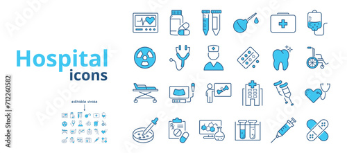 Hospital, medical, ambulance line icon set. Band-aid, syringe, enema, crutches, wheelchair, bed, doctor, cardiogram, ultrasound, dentistry vector illustration in blue. Outline sing. Editable Stroke.