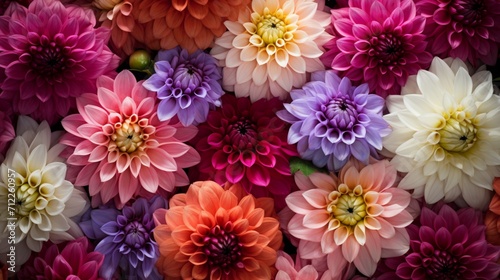 Floral Abundance Photograph a dense cluster of Dahlia flowers in full bloom, filling the frame with their beauty. Emphasize the abundance of flowers, creating a visually captivating background © Hameed