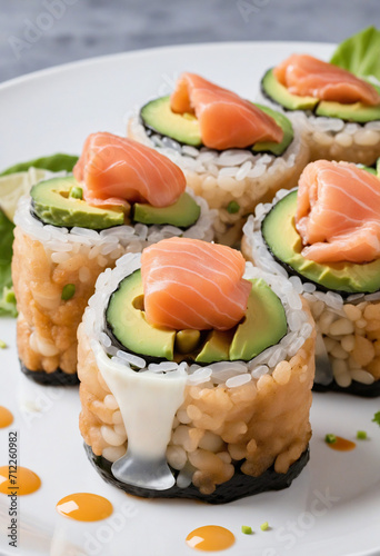 Spicy Deep-Fried Sushi Roll with Salmon, Avocado, and Cheese