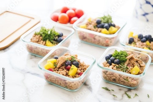 farro salad meal prep in four individual containers