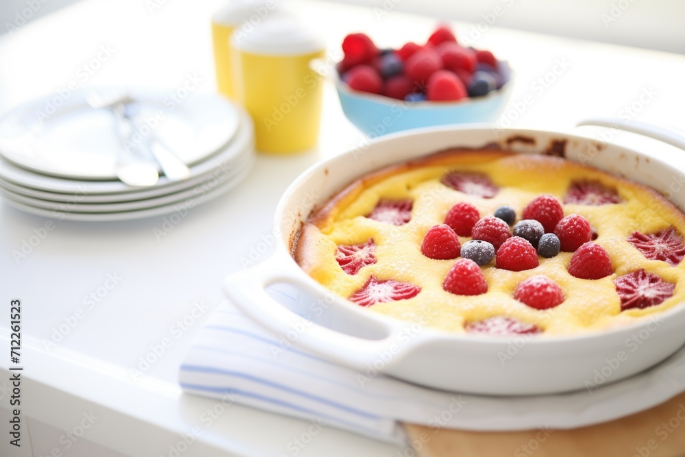raspberry clafoutis in a white baking dish raspberry clafoutis in a white baking dish
