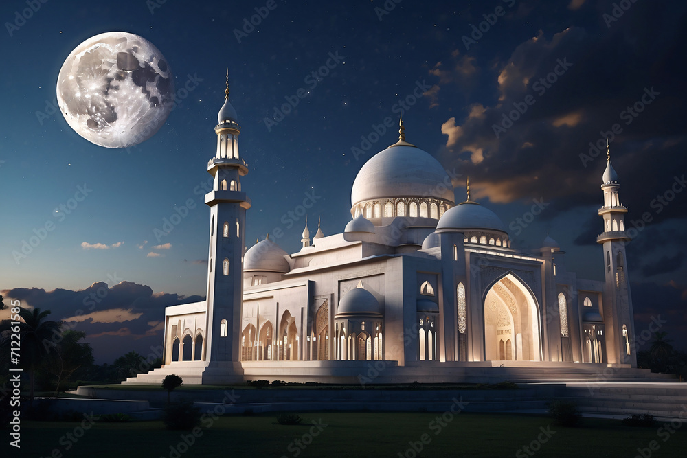 the atmosphere of the mosque at night and the moon
