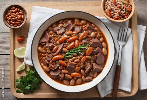 Slow-cooked pulled meat with rice and savory Baked Beans