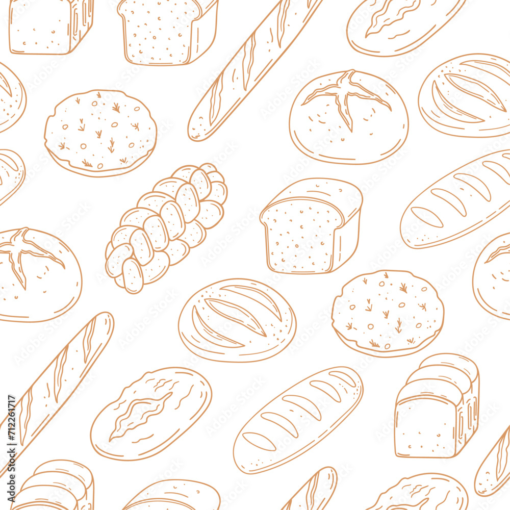 Hand drawn seamless pattern with different type of bread. Baked goods background. Design for bakery, home textile