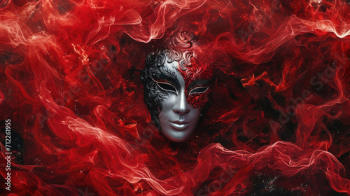 Red and gold Venetian carnival mask with feathers, copy space © Ruslan Gilmanshin