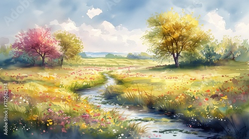 Watercolour style illustration of a landcape with a green meadow, a stream and flowers photo