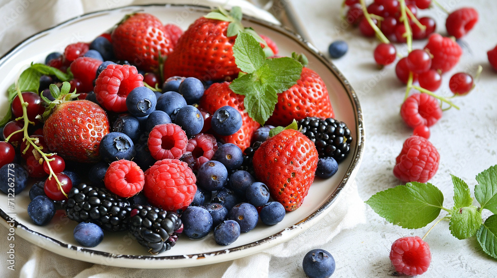 Plate with berries on the table. selective focus. Generative Ai, Plate with berries on the table. selective focus. Generative Ai,
