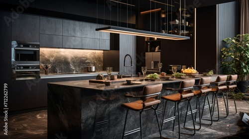 Stylish modern kitchen featuring a dark palette, marble countertops, leather bar stools, and sophisticated pendant lighting.