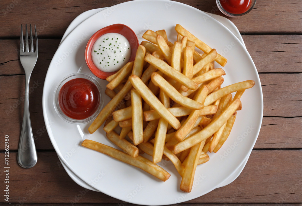 Delicious french fries served on a plate, resting on a wooden table surface Delicious french fries served on a plate, resting on a wooden table surface