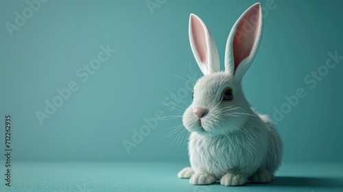 Easter bunny rabbit with blue painted egg on blue background. ai generated