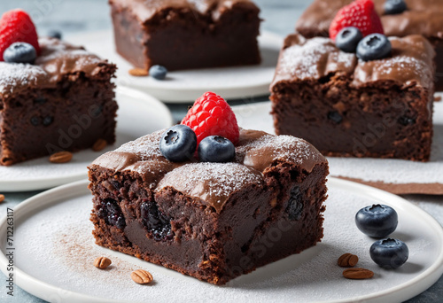 Brownie with berries up close on a cake stand