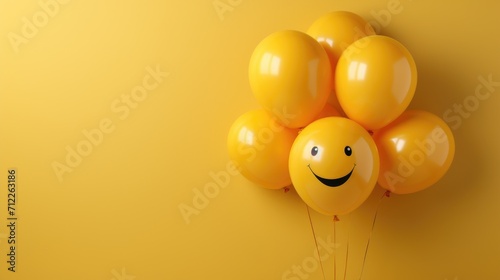 smiley balloons sitting on a yellow background, ai generated photo