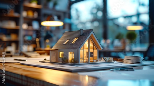 Holo 3d render model of a small living house on a table in a real estate agency. Signing mortgage contract document and demonstrating. Futuristic business. Blurry background