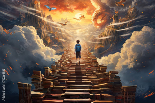 A boy walking up stairs made from books into an imagination fantasy world. photo