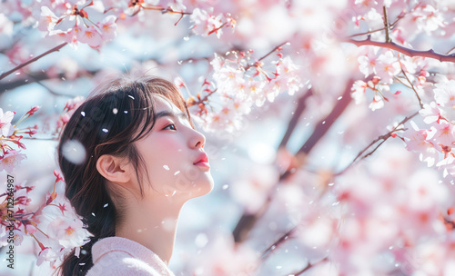 桜の木の下でお花見をする女性