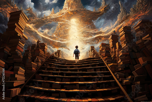 A boy walking up stairs made from books into an imagination fantasy world.