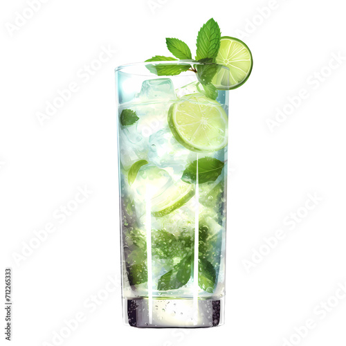 Tall mojito Cocktail glass with lime and ice and mint leaves-isolated png.