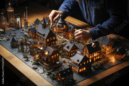 Man Building a Miniature House Model Together extreme closeup. Generative AI
