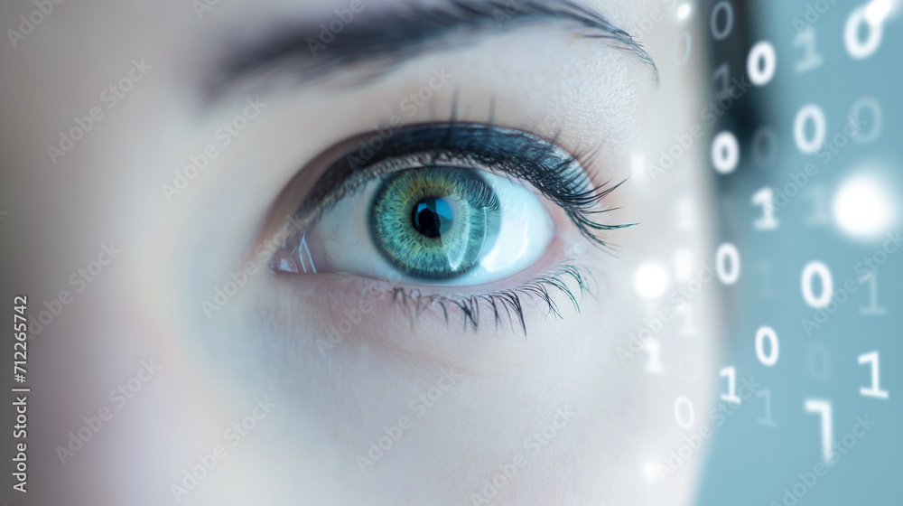 Close-up of a female eye surrounded by various digits, illustrating data insight in business intelligence with artificial intelligence