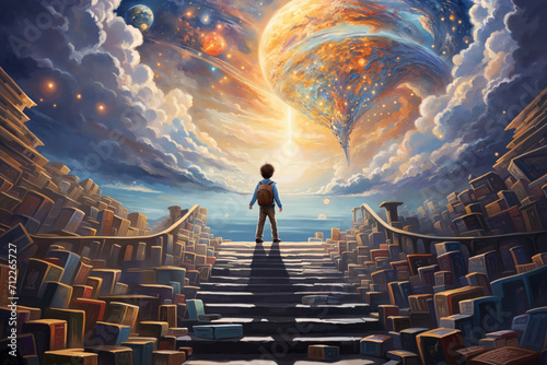 A boy walking up stairs made from books into an imagination fantasy world.