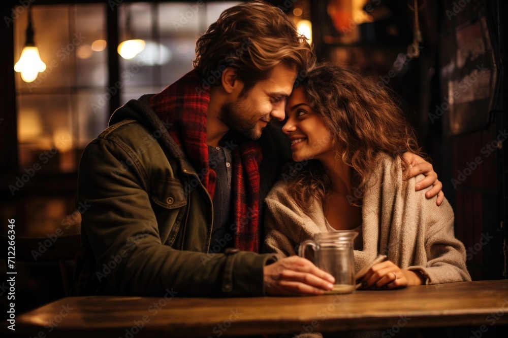 Intimate couple sharing a tender moment in a cozy, dimly lit cafe.