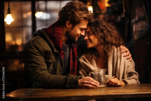 Intimate couple sharing a tender moment in a cozy, dimly lit cafe.