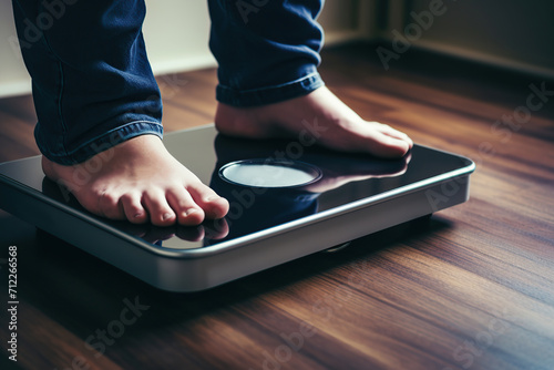 Fat man stands on floor scales photo