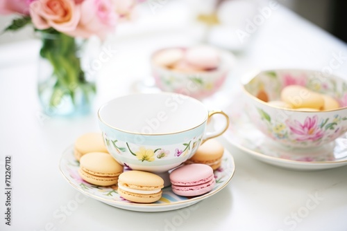 pastel macarons with matching cups of espresso