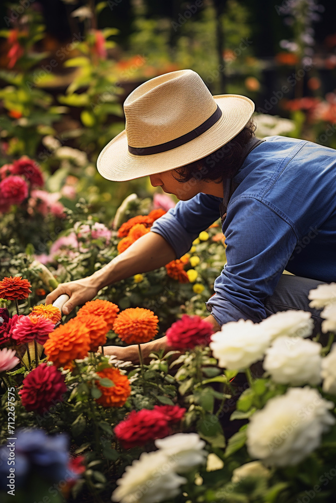 a male florist takes care of flowers in a flower bed.
