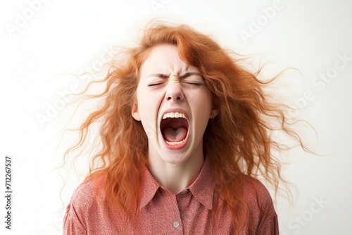 Portrait of young angry woman screaming on white background photo