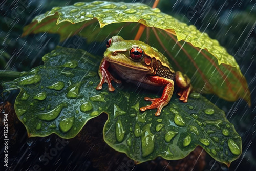 Green Tree Frog under Rain on a Big Leaf extreme closeup. Generative AI photo