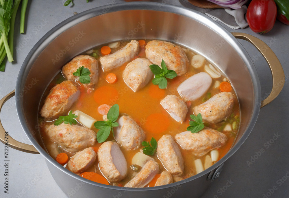 Spicy chicken broth in a steel pot