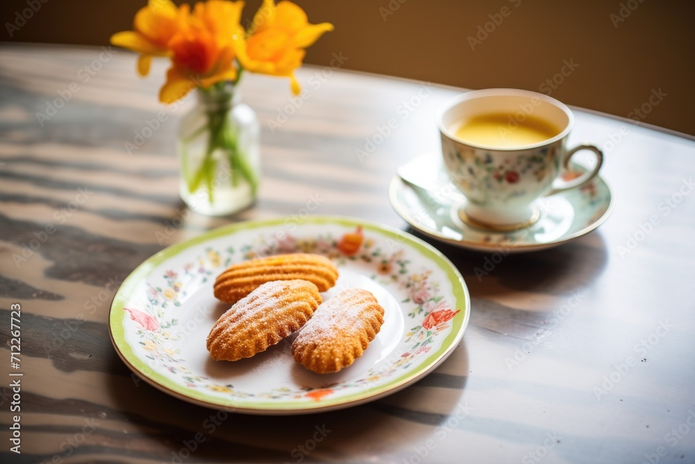 a pair of madeleines on a saucer with a frothy cappuccino