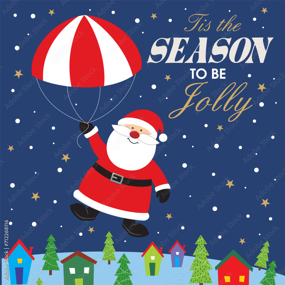 christmas card with santa claus and parachute
